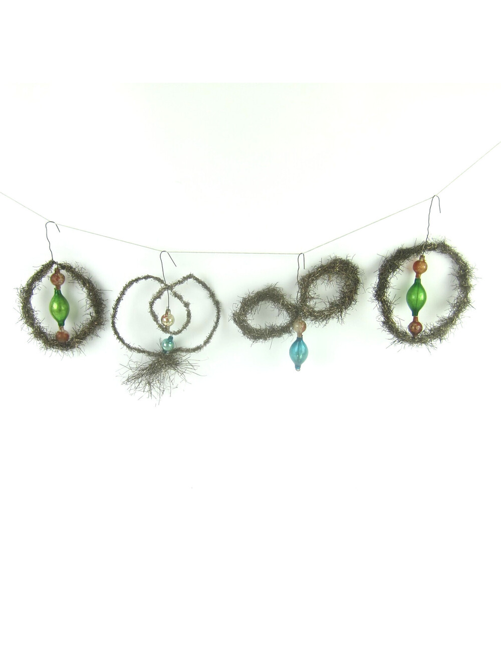 Antique Tinsel and Glass Christmas Ornaments Lot of 4 Green Blue Red